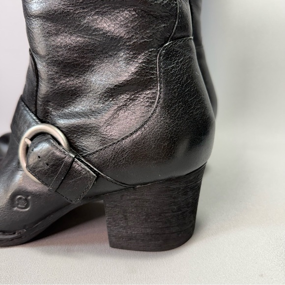 Born Shaylee Black Leather Tall Buckle Heeled Knee-High Boots - Picture 6 of 16